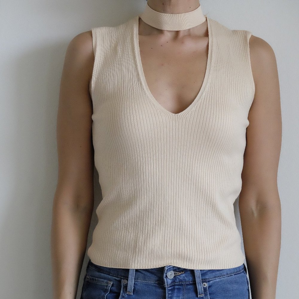 Zara Knit Keyhole Sleeveless Tank, M, Tan/Ecru